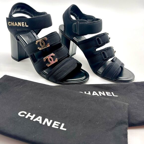 Chanel 24C Gold CHANEL & CC Logo Black Fabric Block Heel Strappy Sandals EU 37 - Picture 2 of 16